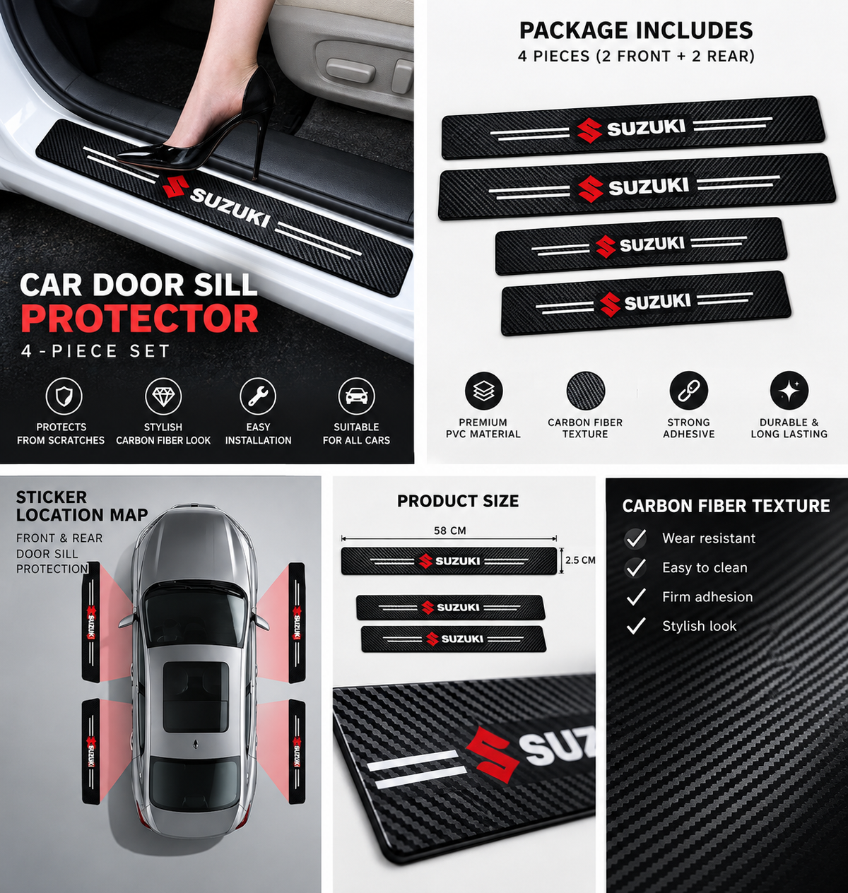 Carbon Fiber Car Door Sill Protector – 4 Pcs